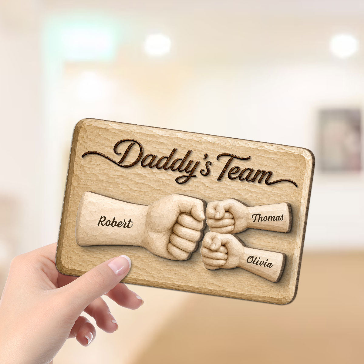 Sentimental Rustic Daddy's Team Fist Bump - Personalized 2-Layered Wooden Plaque -  Gift For Dad, Husband