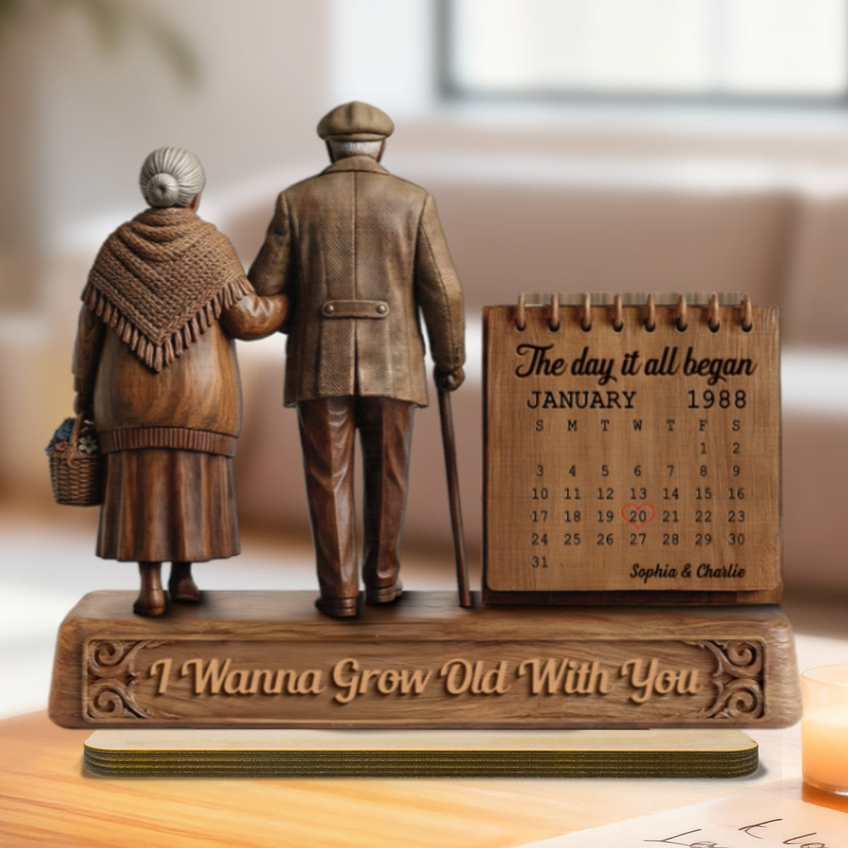 Old Couple Walking Side By Side Anniversary Date Calendar 2D Flat - Personalized 2-Layered Wooden Plaque
