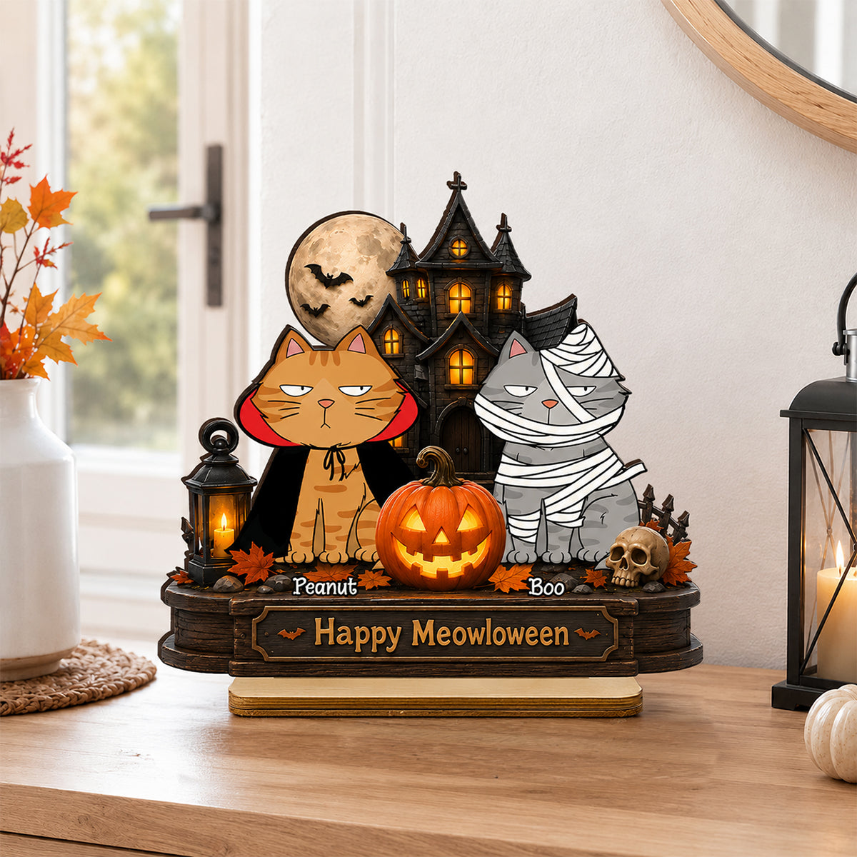 Happy Meowloween  Cats - Personalized 2-Layered Wooden Plaque - Halloween Spooky Decor for Cat Lovers