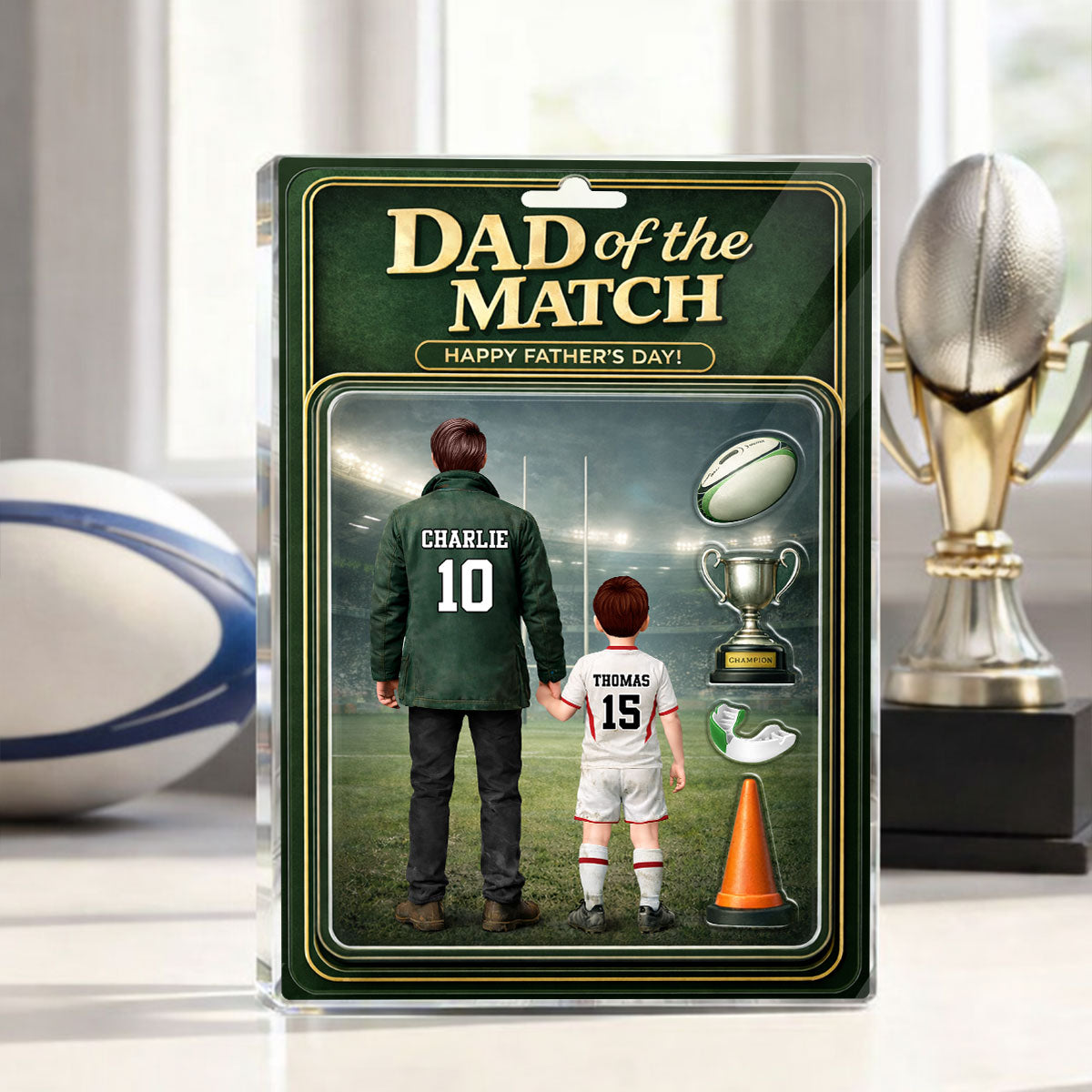 Dad Of The Match Rugby - Personalised Acrylic Block Plaque - Gift For Rugby Dad