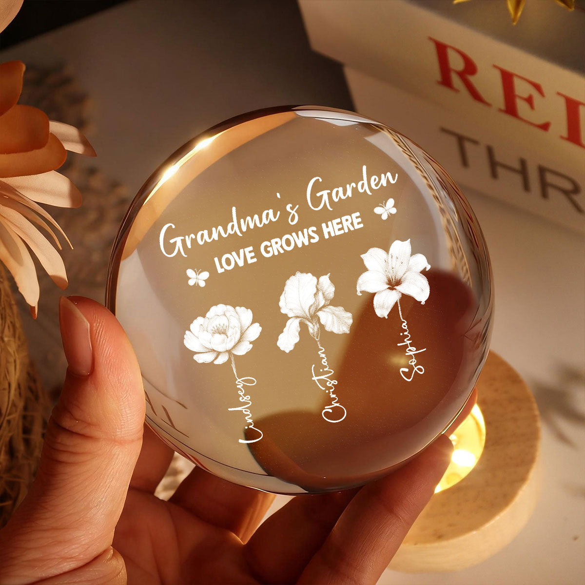 Grandma's Garden 3D Effect Birth Month Flowers - Personalized Crystal Ball LED Night Light