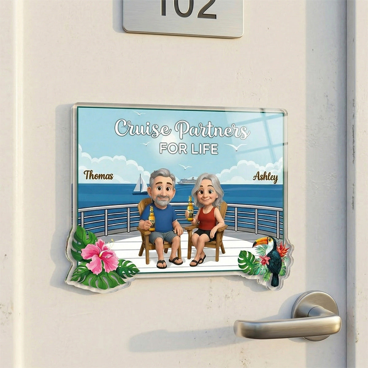 We're In Cruise Mode Old Cartoon Couple Sitting Cruise Deck - Personalized Cruise Cabin Door Magnet