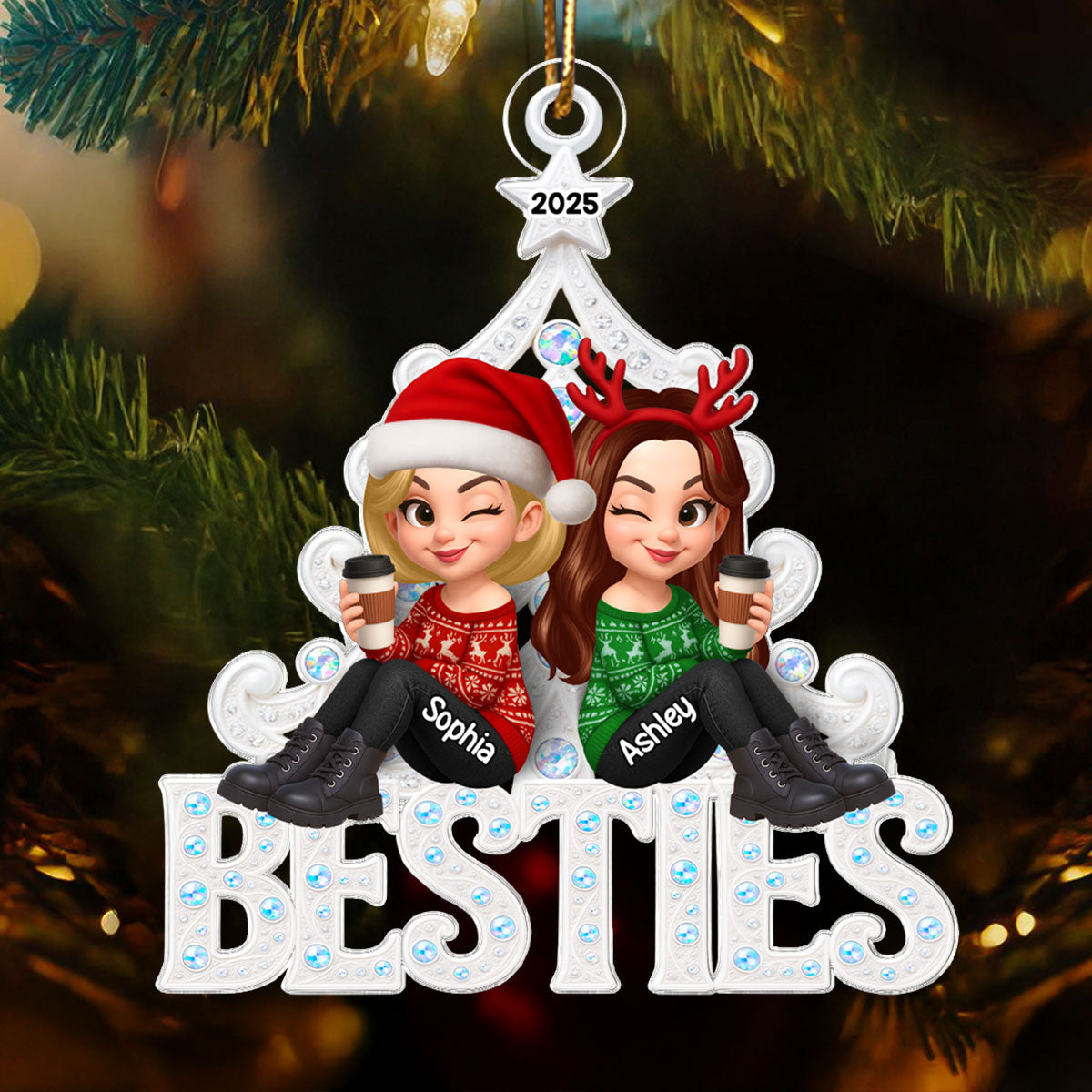 Metal Pattern Christmas Tree Besties - Personalized Acrylic Ornament - Christmas Gift for Besties
