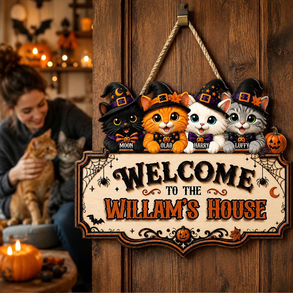 Welcome To Cat House Halloween - Personalized Door Sign - Halloween Decor Gift, Gift For Cat Lovers