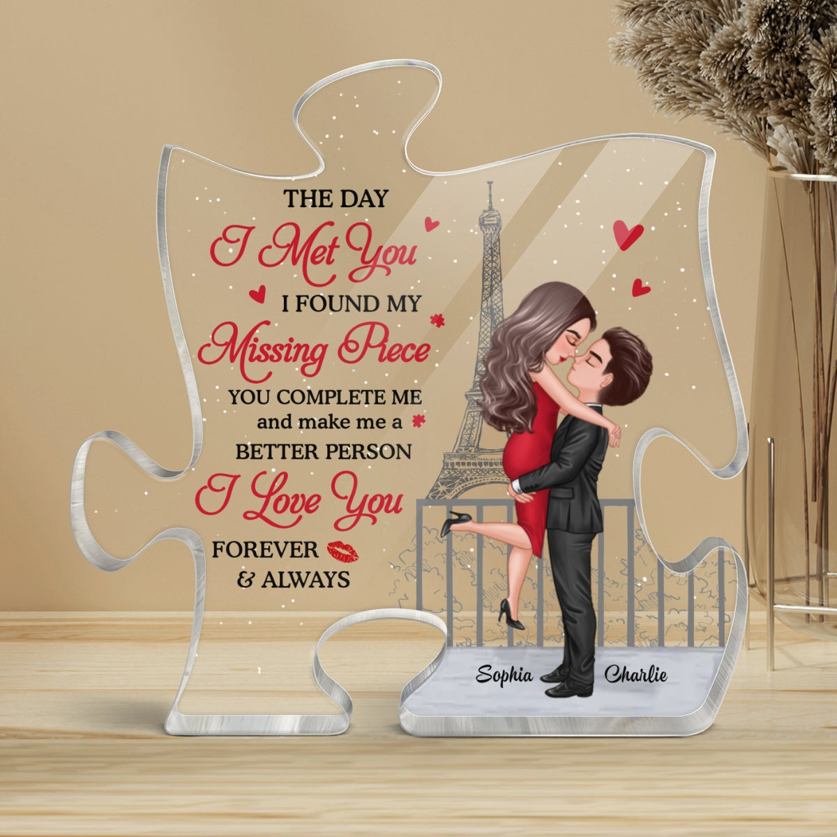 The Day I Met You I Found My Missing Piece, Personalized Couple Puzzle Shaped Acrylic Plaque, Gift For Husband Wife, Anniversary, LGBTQ+