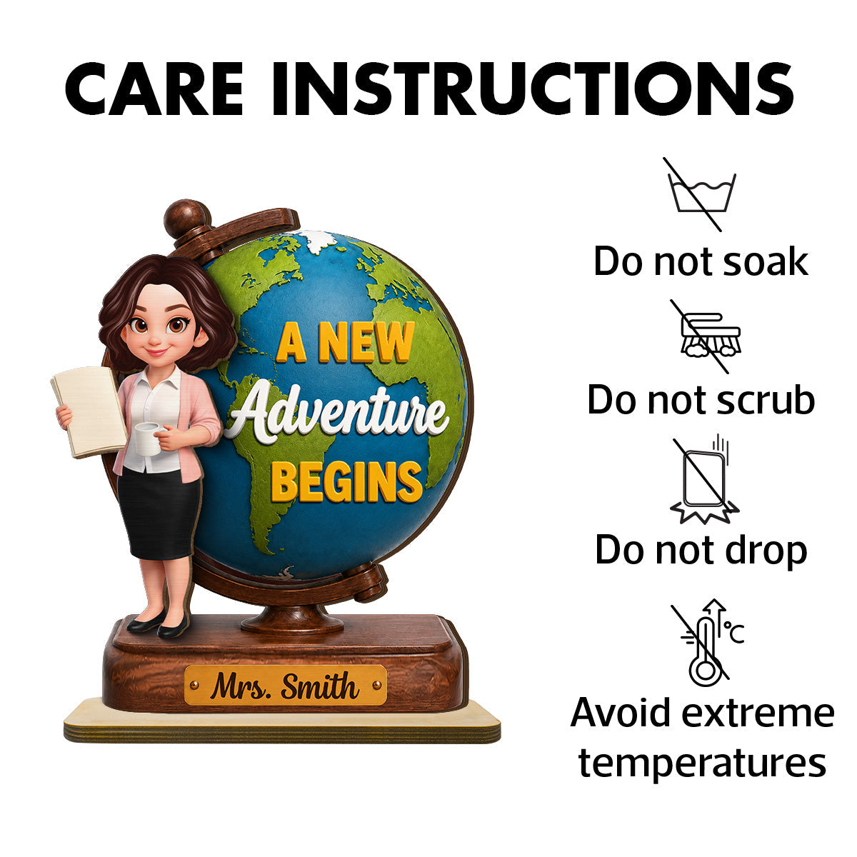 Teacher World Globe 2D Flat - Personalized Wooden Plaque - Back To School Gift