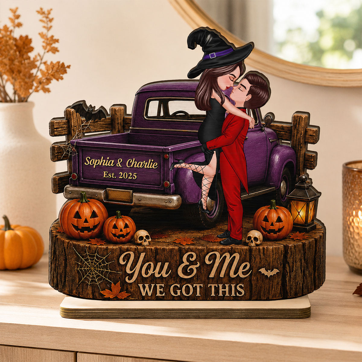 Spooky Halloween Couple Kissing - Personalized 2 Layered Wooden Plaque - Gift For Couple, Him, Her