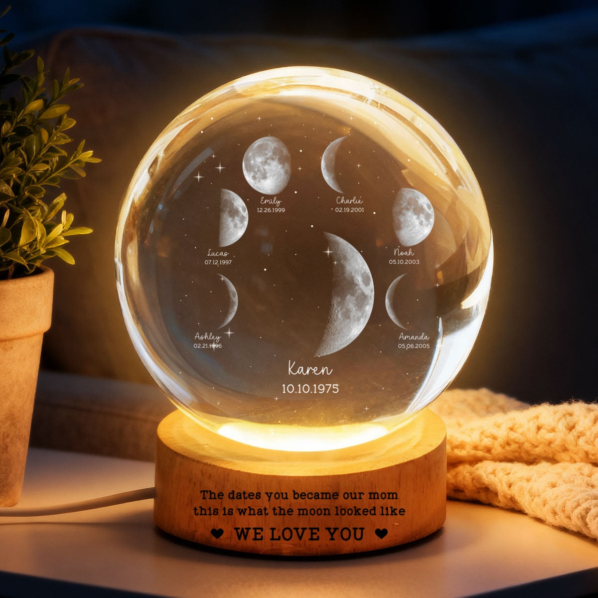 The Date You Became Our Mom - Personalized Crystal Ball LED Night Light - Custom Moon Phase by Date, Mother's Day Gift for Mom, Wife