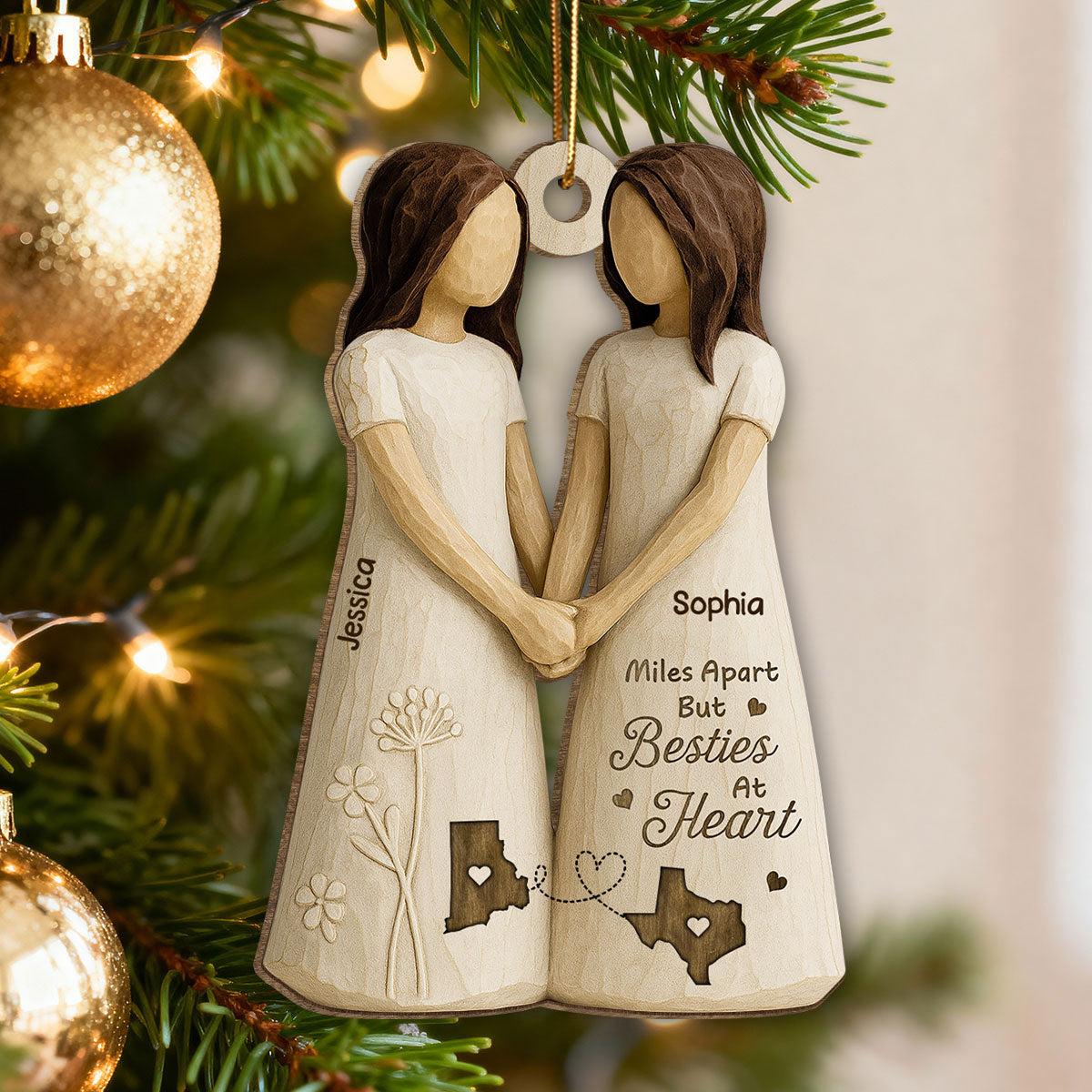 Miles Apart Besties At Heart 3D Effect - Personalized Wooden Ornament - Christmas Gift, Birthday Gift, Long Distance Friendship Gift for Best Friends