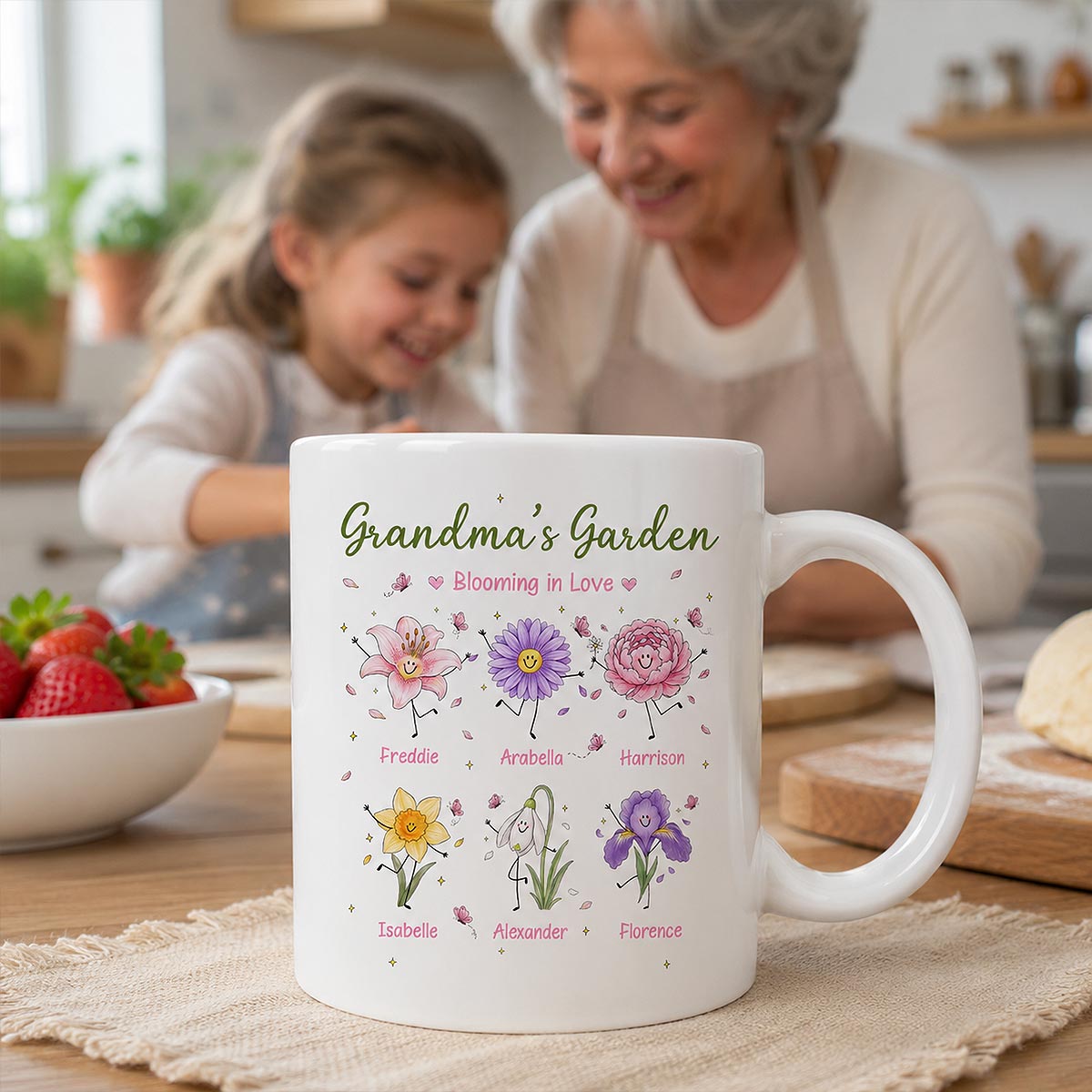 Grandma's Garden Cute Doodle Birth Month Flowers - Personalized Mug - Gift For Grandma