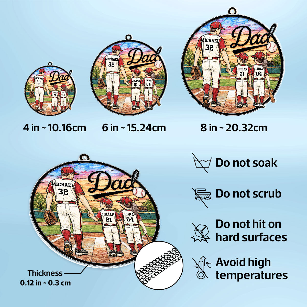 Baseball Dad & Kids 2D Flat - Personalized Suncatcher Ornament - Father's Day Gift For Baseball Dad