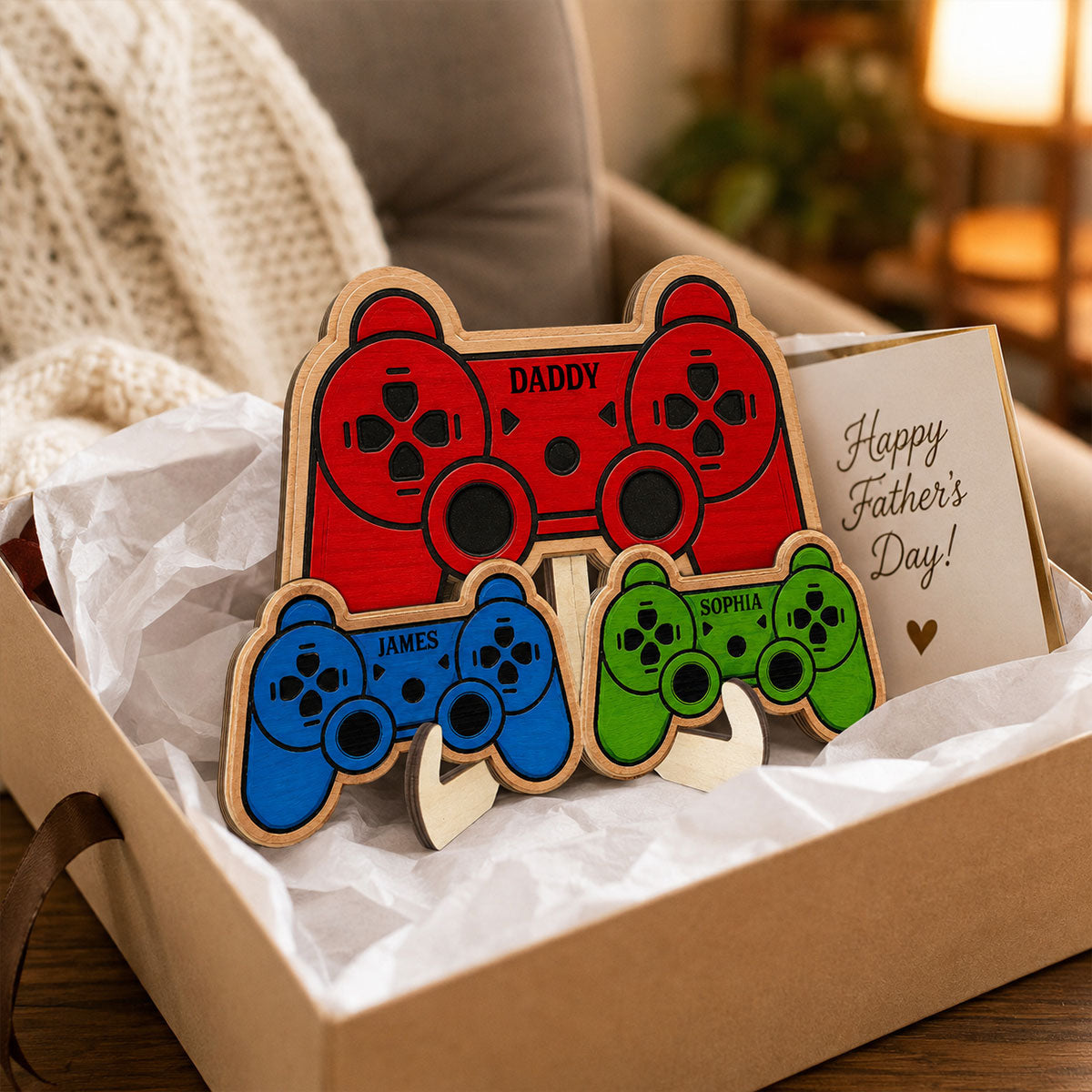 Best Dad Ever Game Controller With Kids Names 2D Flat - Personalized Wooden Plaque