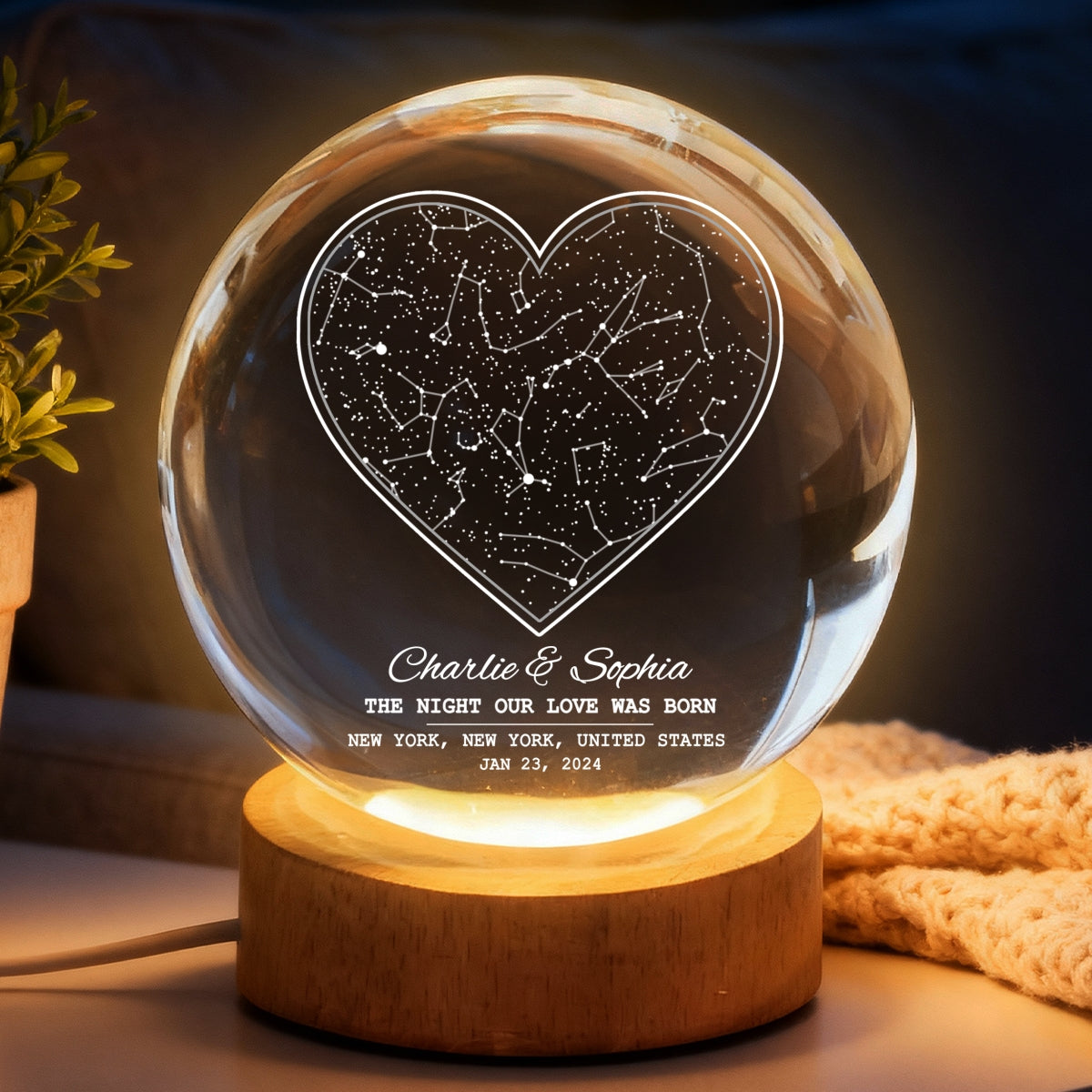 Star Map By Date Couple - Personalized Crystal Ball LED Night Light - Anniversary, Valentine's Day Gift, Gift For Him, Gift For Her