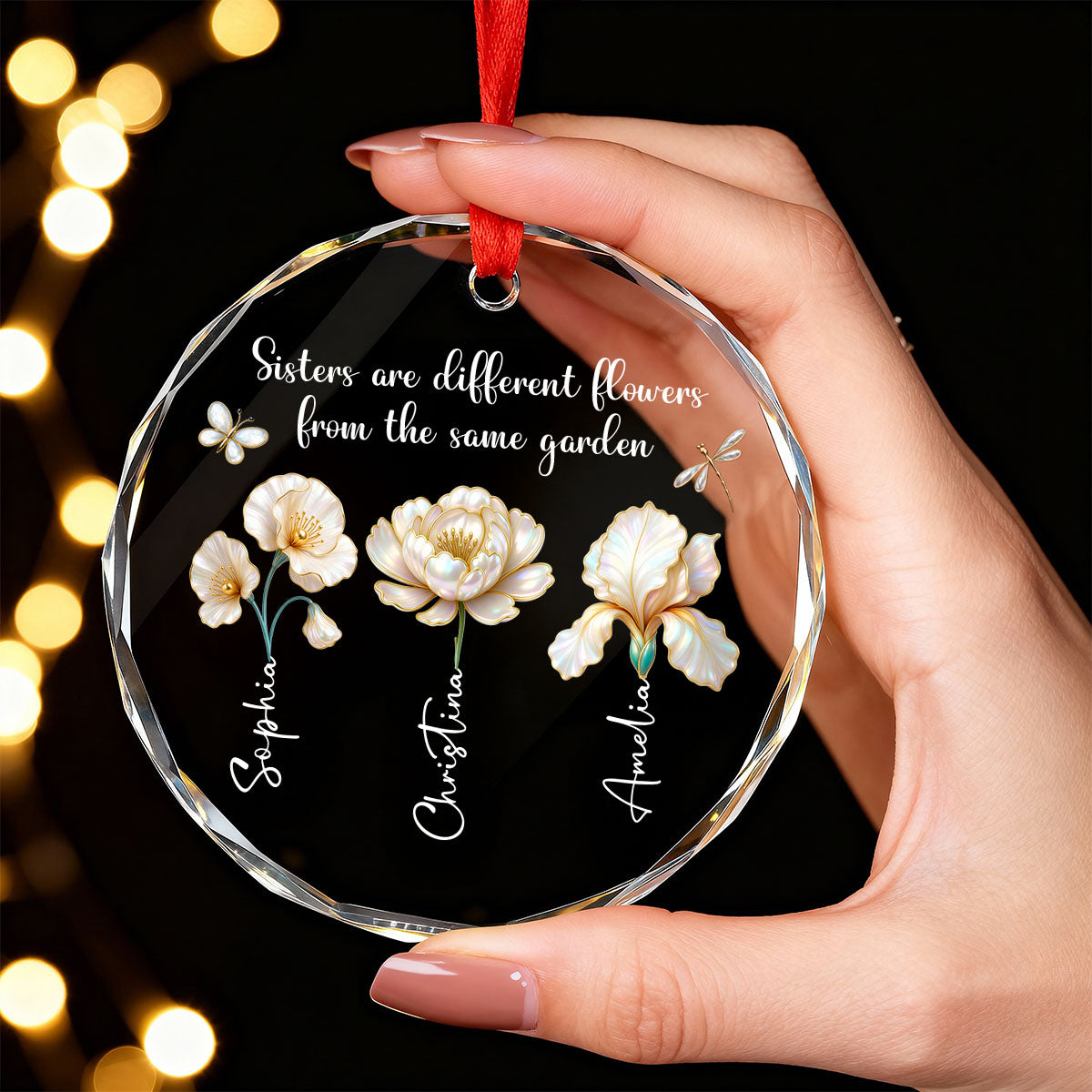 3D Effect Birth Flowers Sisters From The Same Garden - Personalized Glass Ornament - Birthday Christmas Just Because Gift For Sisters, Besties