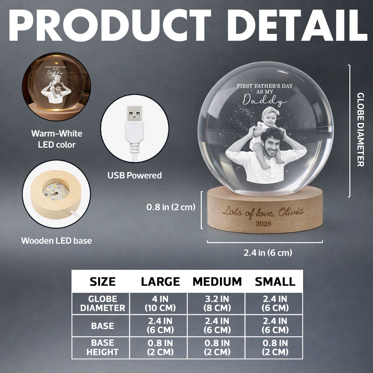First  as My Daddy - Personalized Crystal Ball LED Night Light -  Gift for Dad