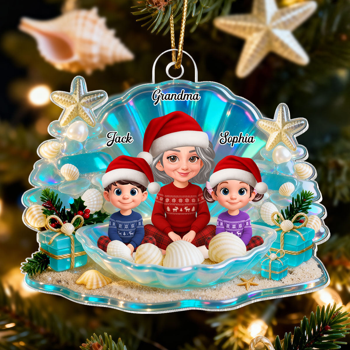3D Effect Seashell Grandma Grandkids Christmas Together - Personalized Acrylic Ornament