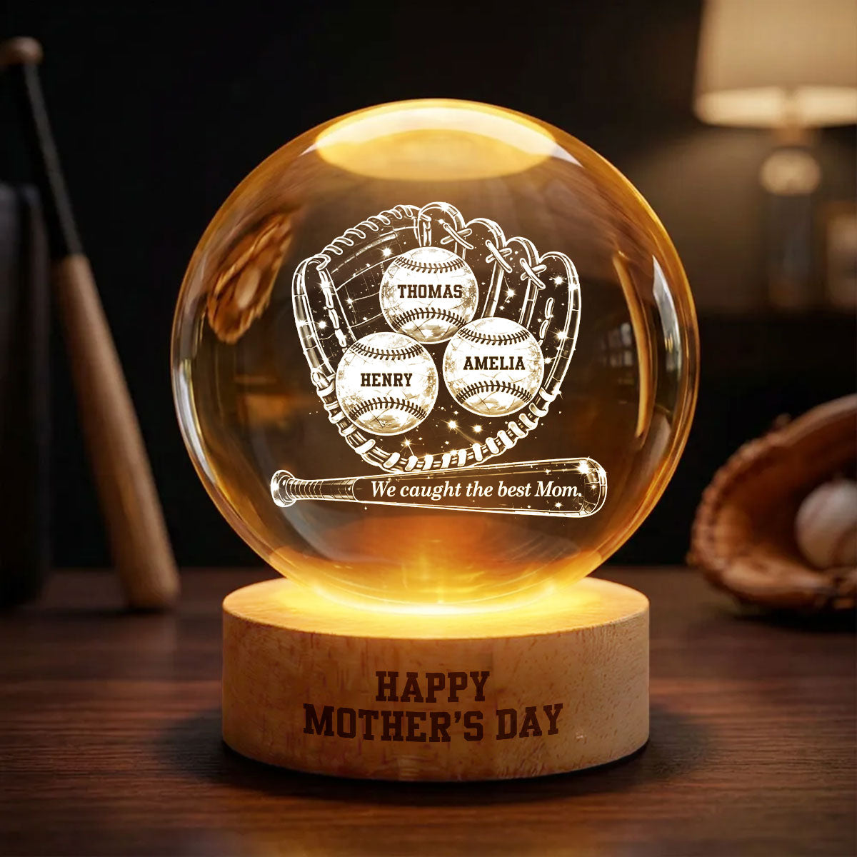 Happy Mother's Day Baseball Mom - Personalized Crystal Ball LED Night Light - Mother's Day Gift for Mom, Wife