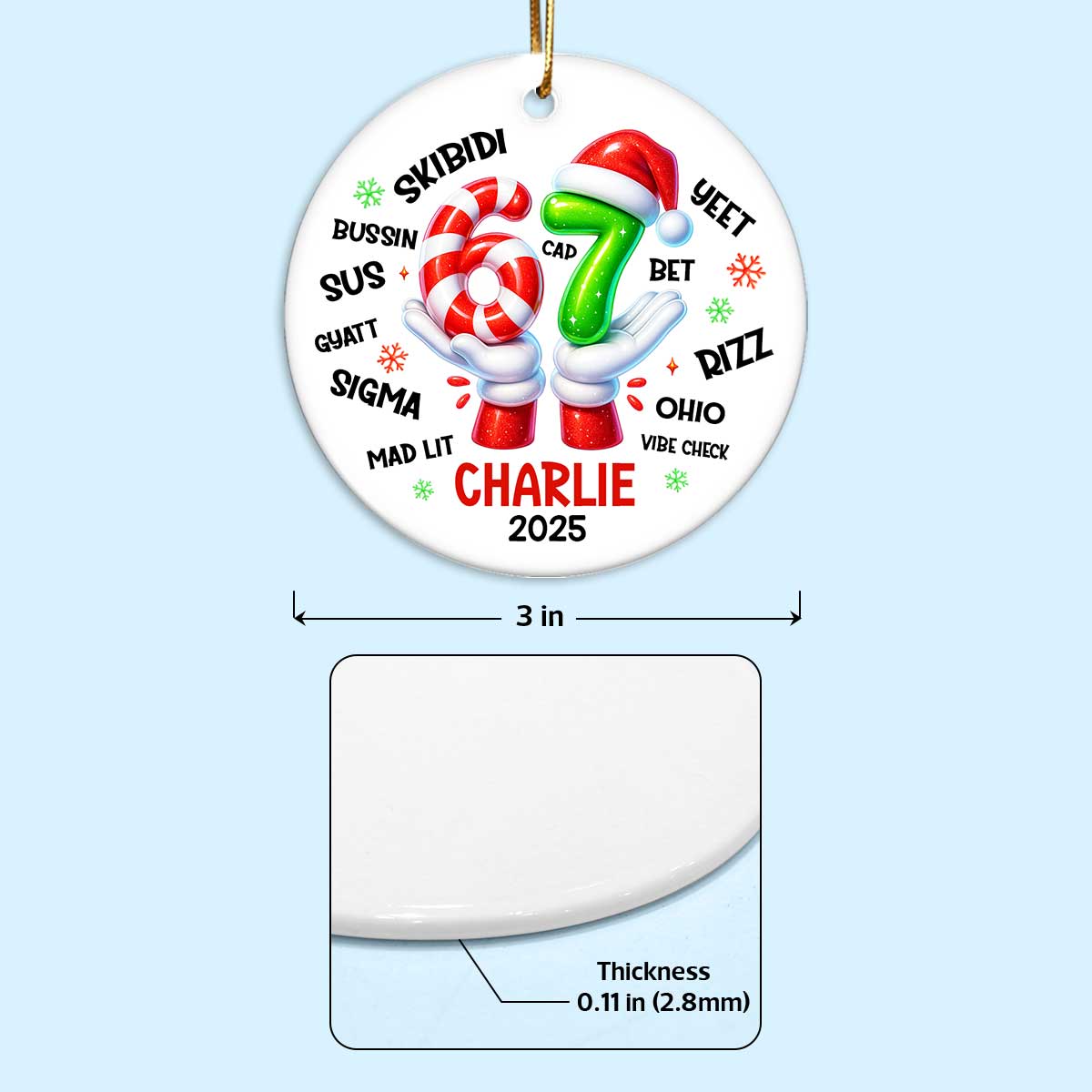 Funny Kids Six Seven Christmas -  Personalized Ceramic Ornament - 2025 Slang Christmas, Funny Teen Grandkid Ornament, Gen Alpha Christmas Gift - 67 Gift