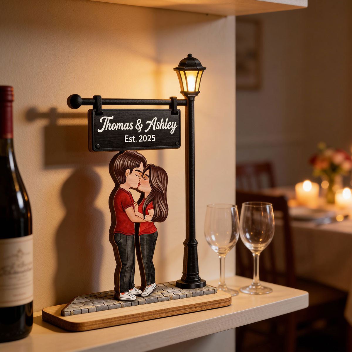 Eternal Love Couple Kissing Under Street Lamp Post - Personalized 2-Layer Wooden Plaque - Gift For Couple, Gift For Him, For Her