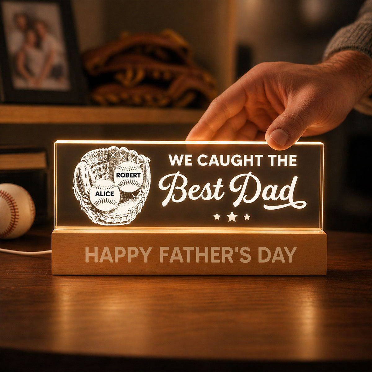 Baseball In Baseball Glove We Caught The Best Dad - Personalized Acrylic Block LED Night Light - Father's Day Gift For Baseball Dad