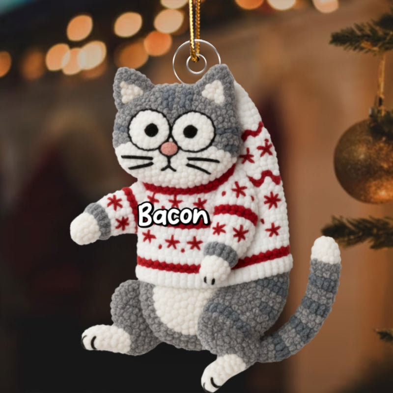 Funny Cat Hanging Latch Hook Yarn Faux - Personalized Acrylic Ornament - Christmas Gift for Cat Lovers