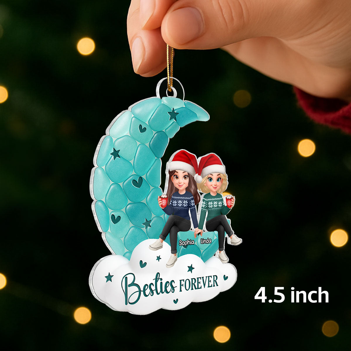 Sea Glass Effect Besties On Moon - Personalized Acrylic Ornament - Christmas Gift For Best Friends