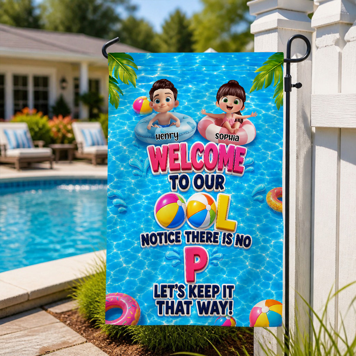 Notice There Is No "P" In The Pool - Personalized Garden Flag - Gift For Kids, Grandparents, Summer Decorations