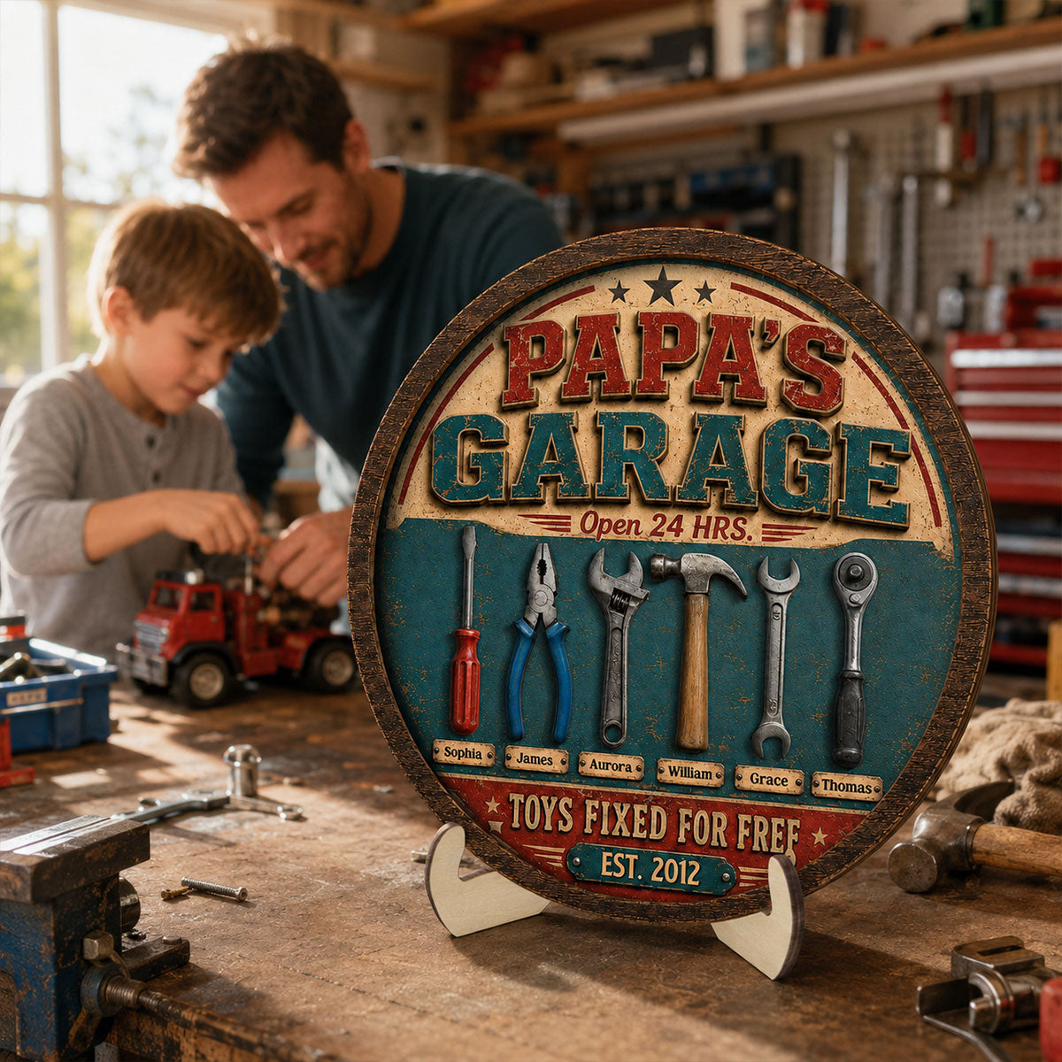 Papa Dad's Garage Toys Fixed For Free Custom Kid Name 2D Flat - Personalized 2-Layered Wooden Plaque -  Gift For Mechanic Dad, Grandpa