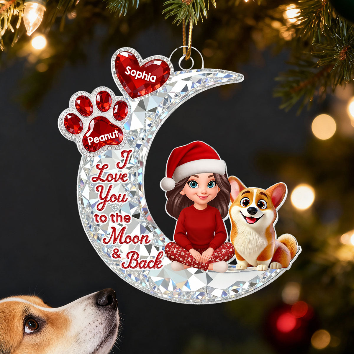 3D Effect Flat Woman And Dog Cat On Moon - Personalized Acrylic Ornament - Christmas Gift For Dog, Cat Lovers