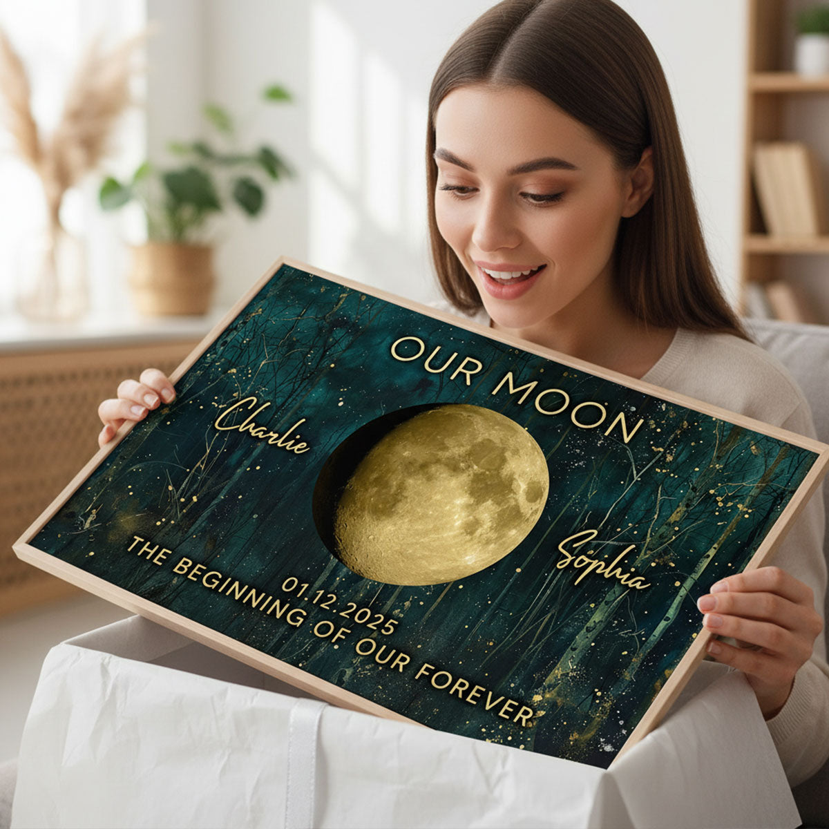 Night In The Forest Couple Custom Moon Phase Anniversary Date - Personalized Poster - Heartfelt Anniversary Gift, Valentine Gift, Wedding Gift For Couple