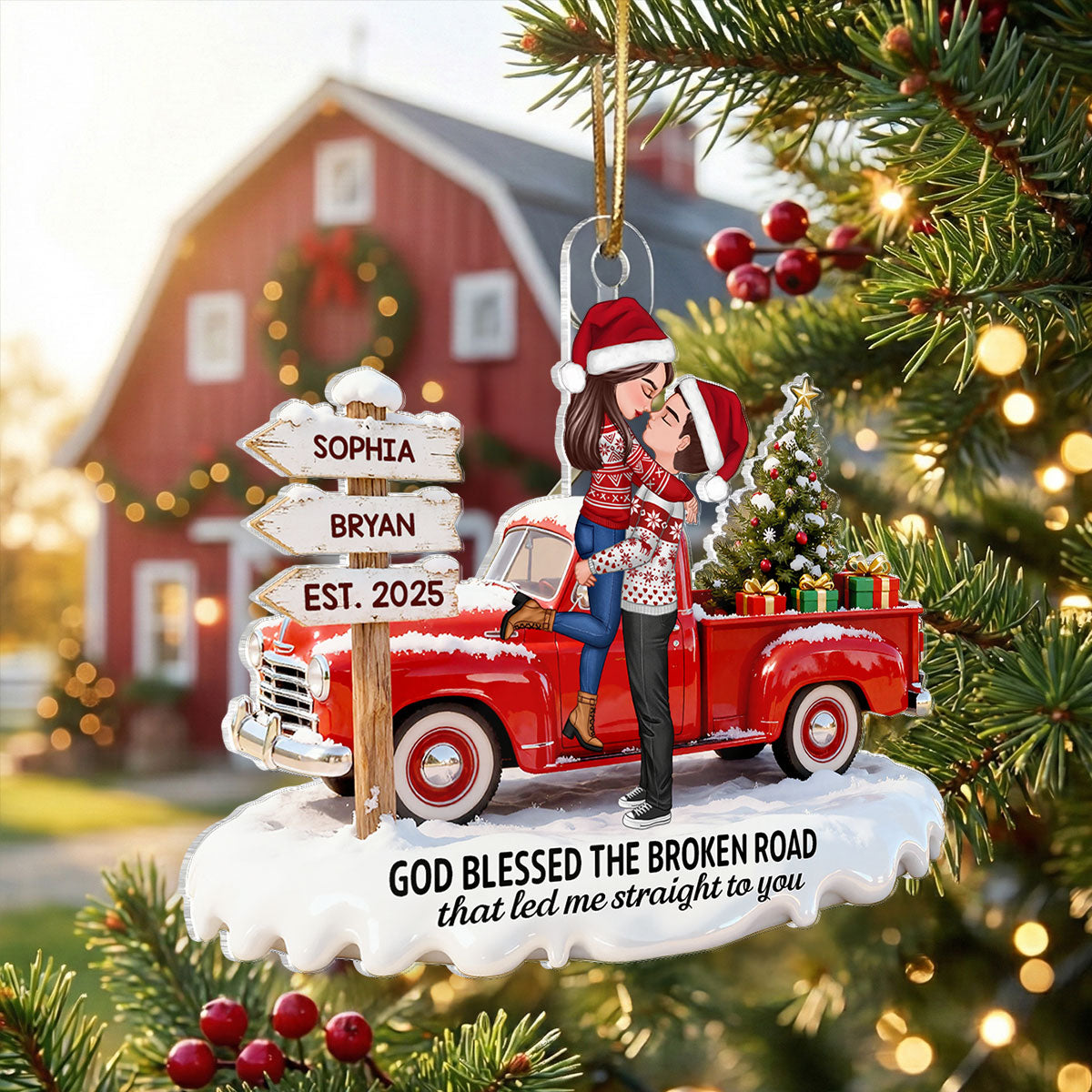 3D Effect Christmas Nostalgia Christmas Truck Couple God Bless The Broken Road - Personalized Acrylic Ornament - Romantic Gift For Couple, Farmhouse Decor