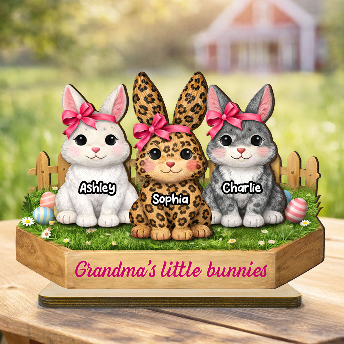 Grandma's Little Bunnies Coquette - Personalized 2-Layered Wooden Plaque - Easter Gift for Grandma, Farmhouse Tiered Tray Decor