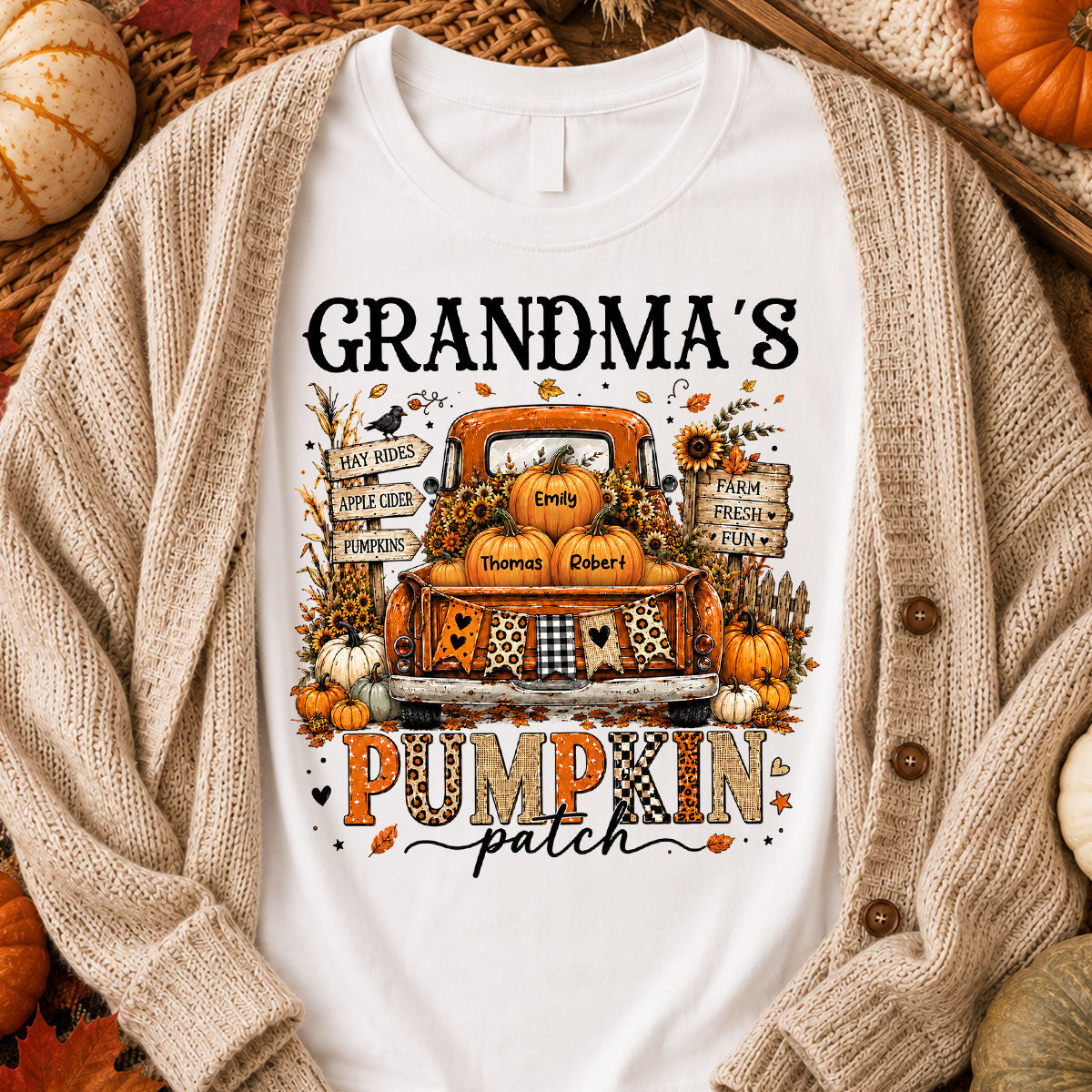 Fall Season Halloween Grandma Pumpkin Patch Truck - Personalized Shirt - Fall Halloween Shirt For Grandma