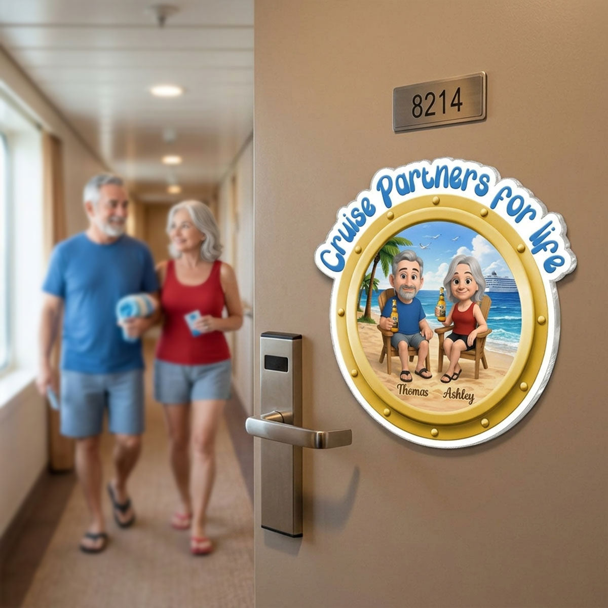 Cruise Partners For Life Porthole Cartoon Couple Sitting On The Beach - Personalized Cruise Ship Door Magnet