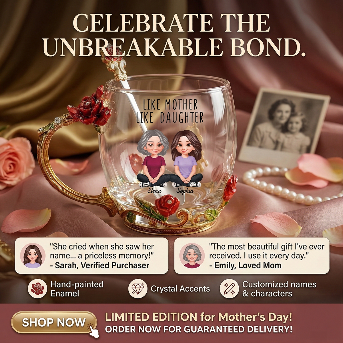 Like Mother Like Daughter Son - Personalized Enamel Flower Tea Cup - Gift For Mom