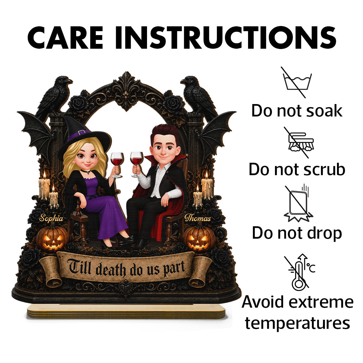 Till Death Do Us Part Halloween Couple Sitting 2D Flat - Personalized 2-Layered Wooden Plaque - Halloween Decor For Couple