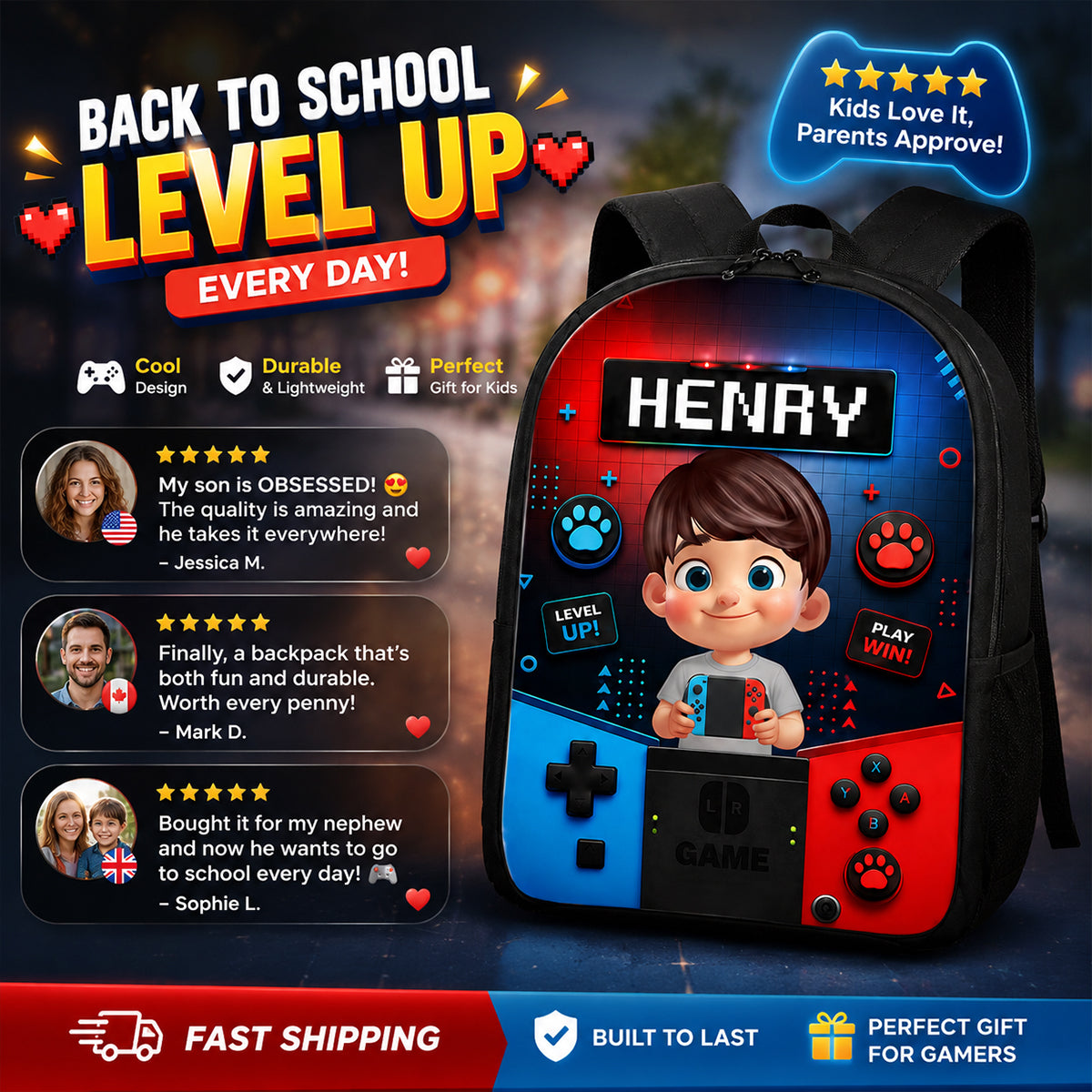 Gamer Boys Girls - Personalized Backpack - Back to School Backpack for Kids
