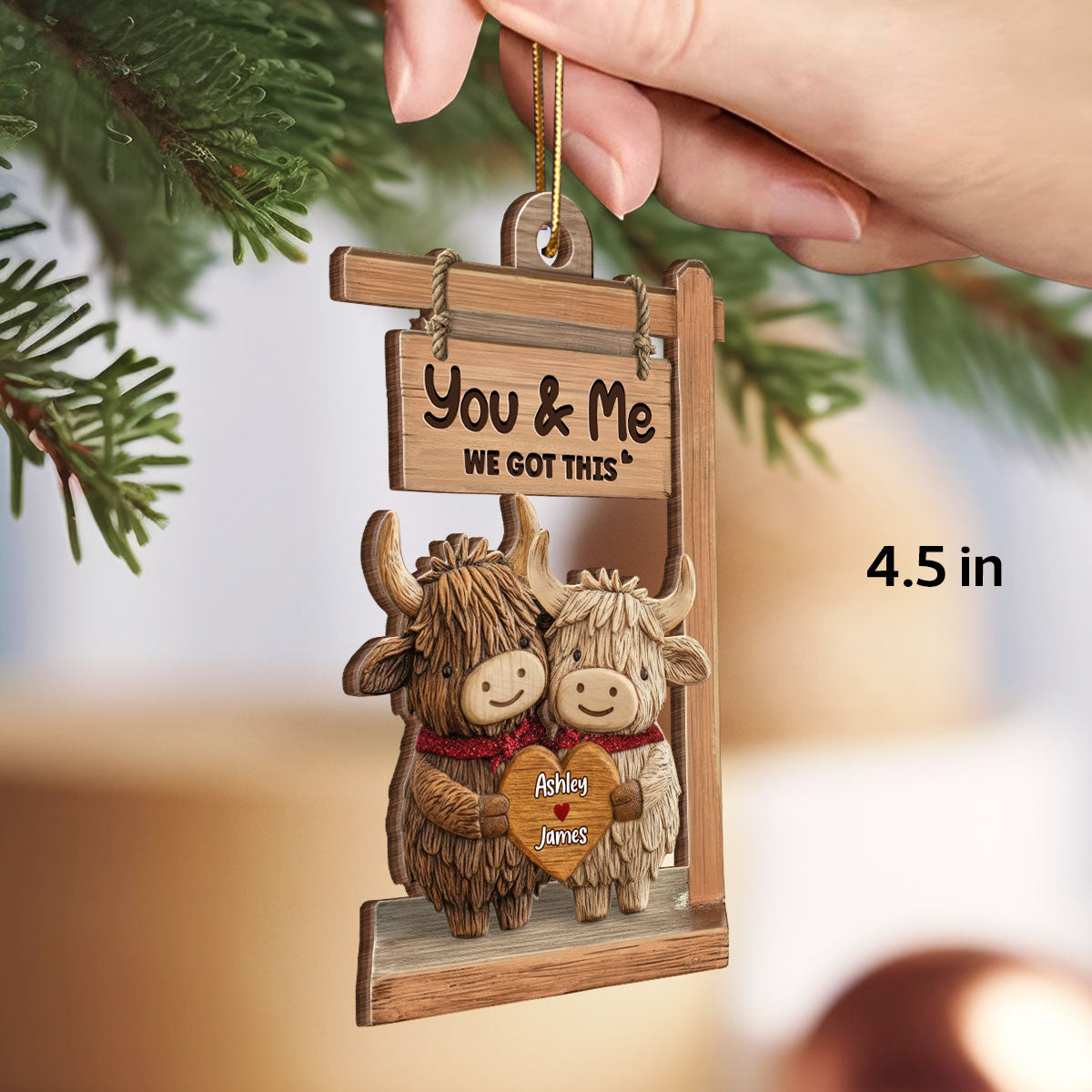 3D Effect Highland Cows Couple - Personalized Wooden Ornament - Gift For Him, Gift For Her