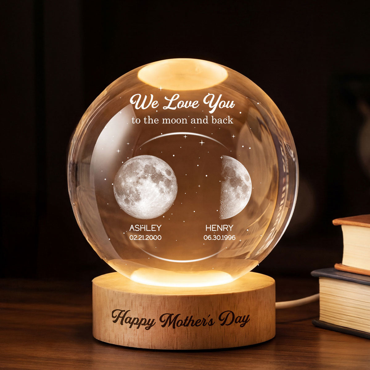 Love to the Moon and Back, Custom Moon Phase by Date - Personalized Crystal Ball LED Night Light - Mother's Day Gift for Mom, Wife