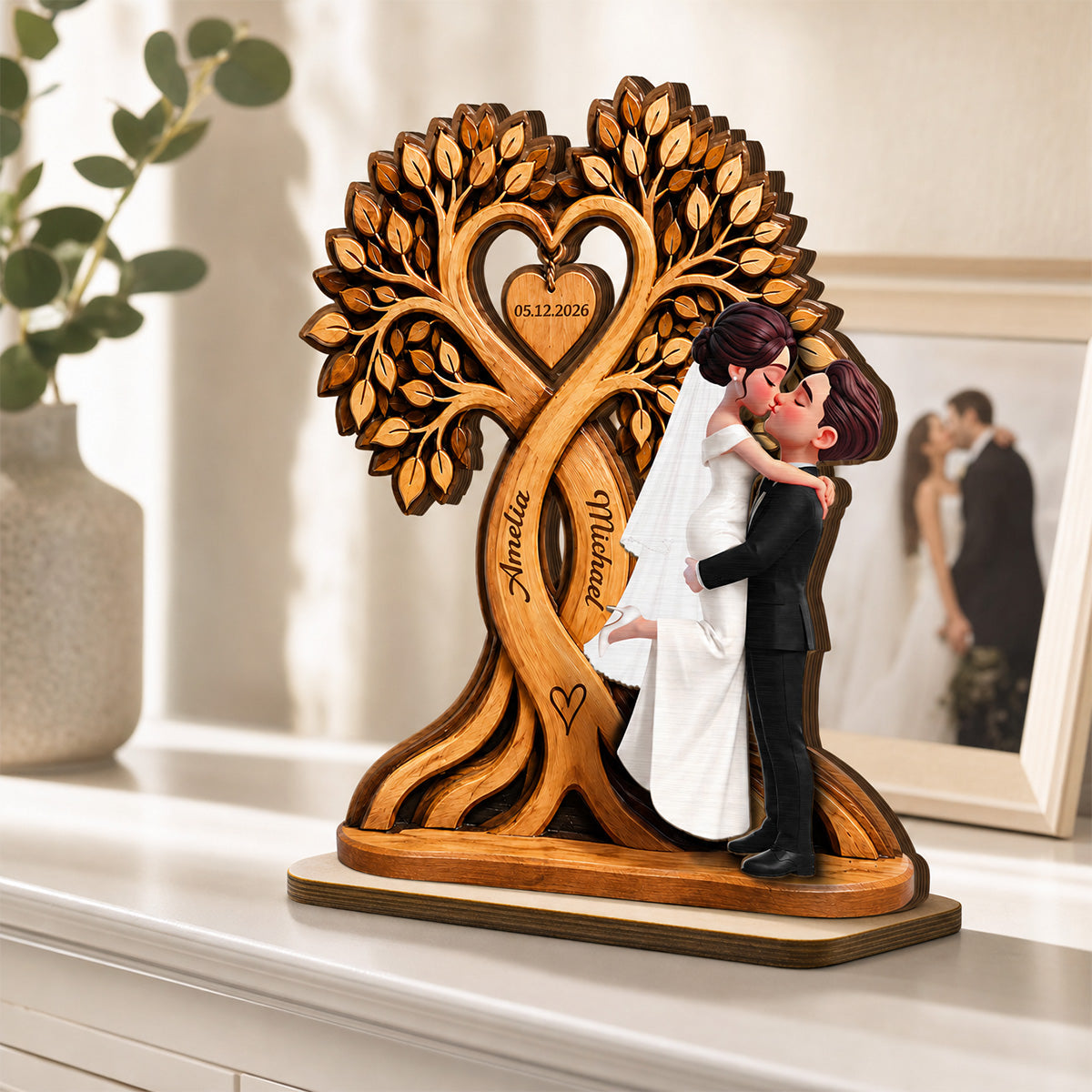 Wedding Couple Heart Tree - Personalized Wooden Plaque - Wedding Anniversary Gift, Rustic Wedding Gifts