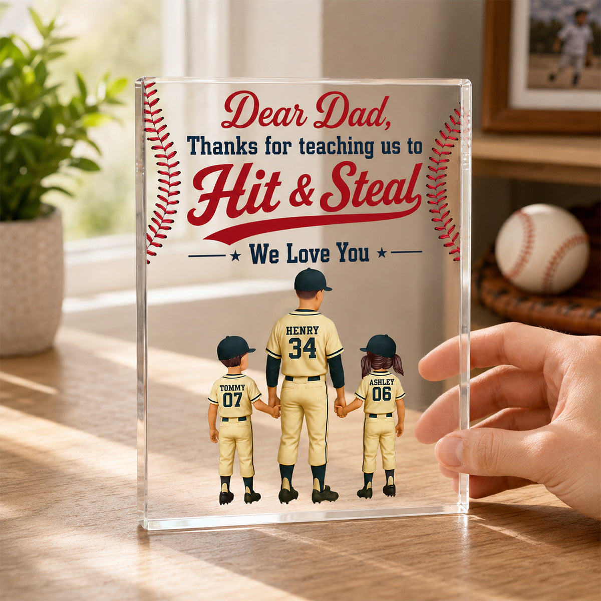 Thank You For Teaching Us To Hit & Steal Baseball Dad & Kids - Personalized Acrylic Block Plaque -  Gift For Dad, Husband