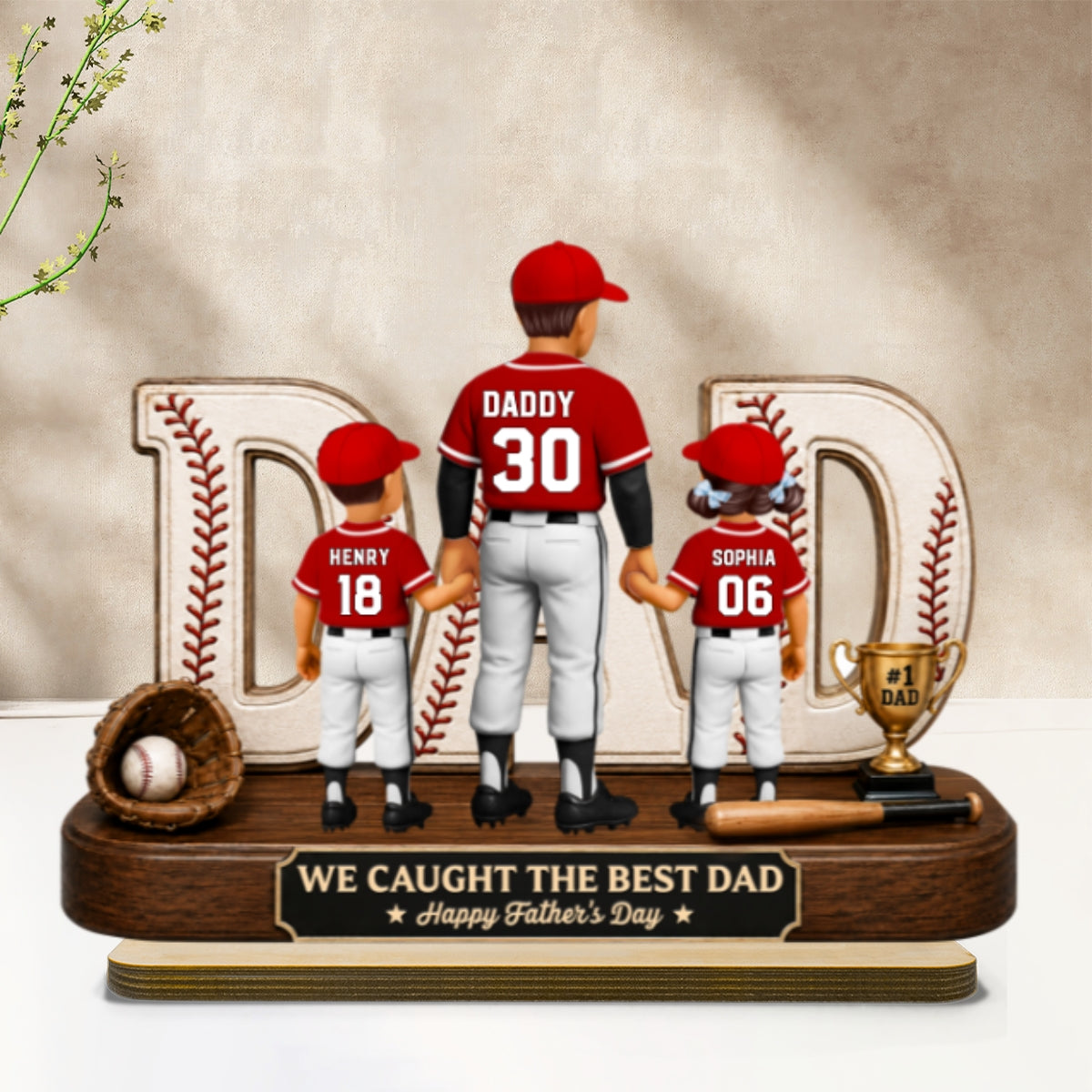 No 1 Baseball Dad Legend We Caught The Best Dad - Personalized 2-Layered Wooden Plaque -  Gift For Dad, Husband