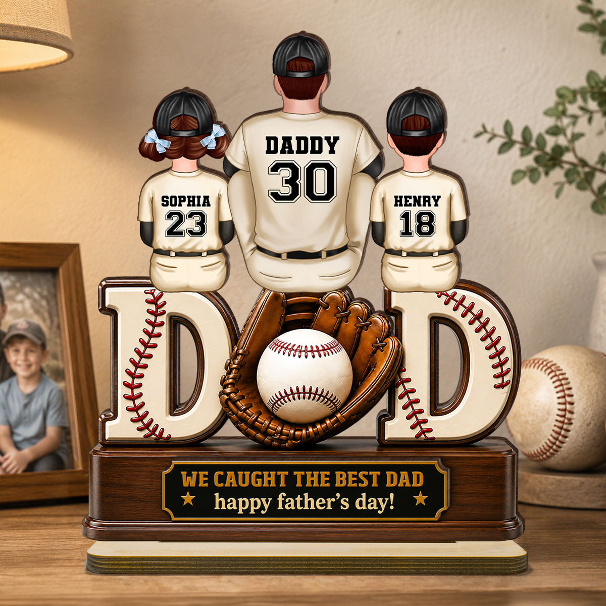 Dad And Children Baseball Gloves - Personalized 2-Layered Wooden Plaque -  Gift for Dad, Husband