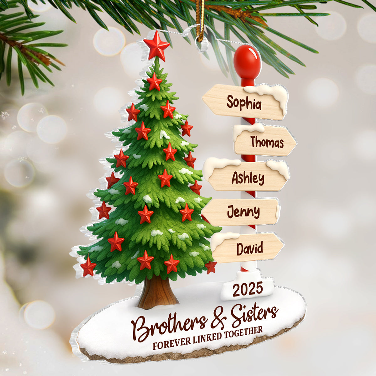 Brothers & Sisters Direction Sign Post - Personalized Acrylic Ornament - Christmas Gift for Siblings