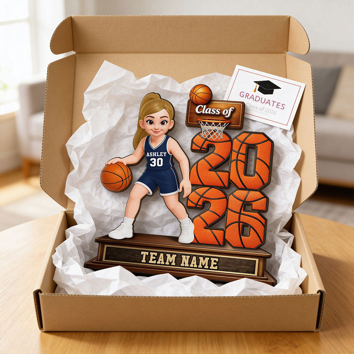 Basketball Senior Playing On Court Class Of 2026 2027 - Personalized 2-Layered Wooden Plaque - Graduation Gift For Son, Daughter