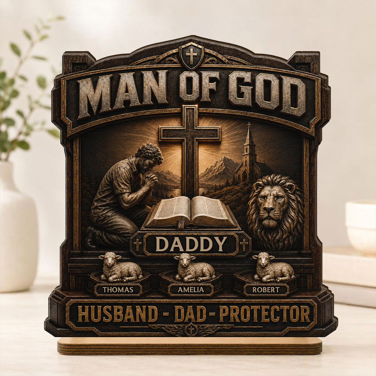Man Of God - Personalized 2-Layered Wooden Plaque -  Gift For Dad, Husband, Grandpa, Christian Dad
