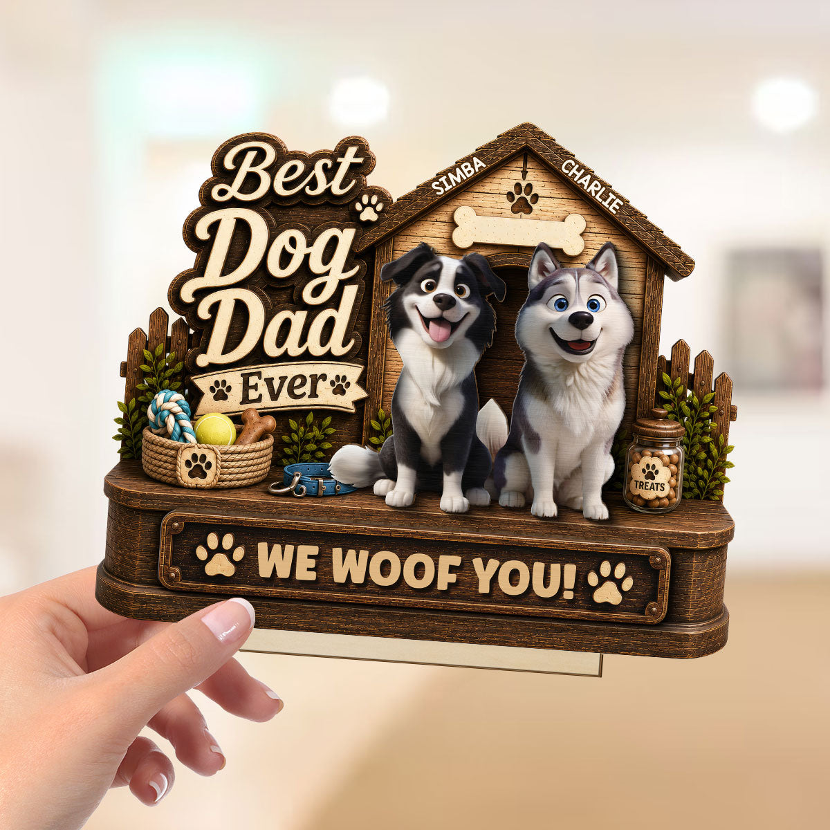 Best Dog Dad Ever Cute Dogs 2D Flat - Personalized 2-Layered Wooden Plaque -  Gift For Dog Dad