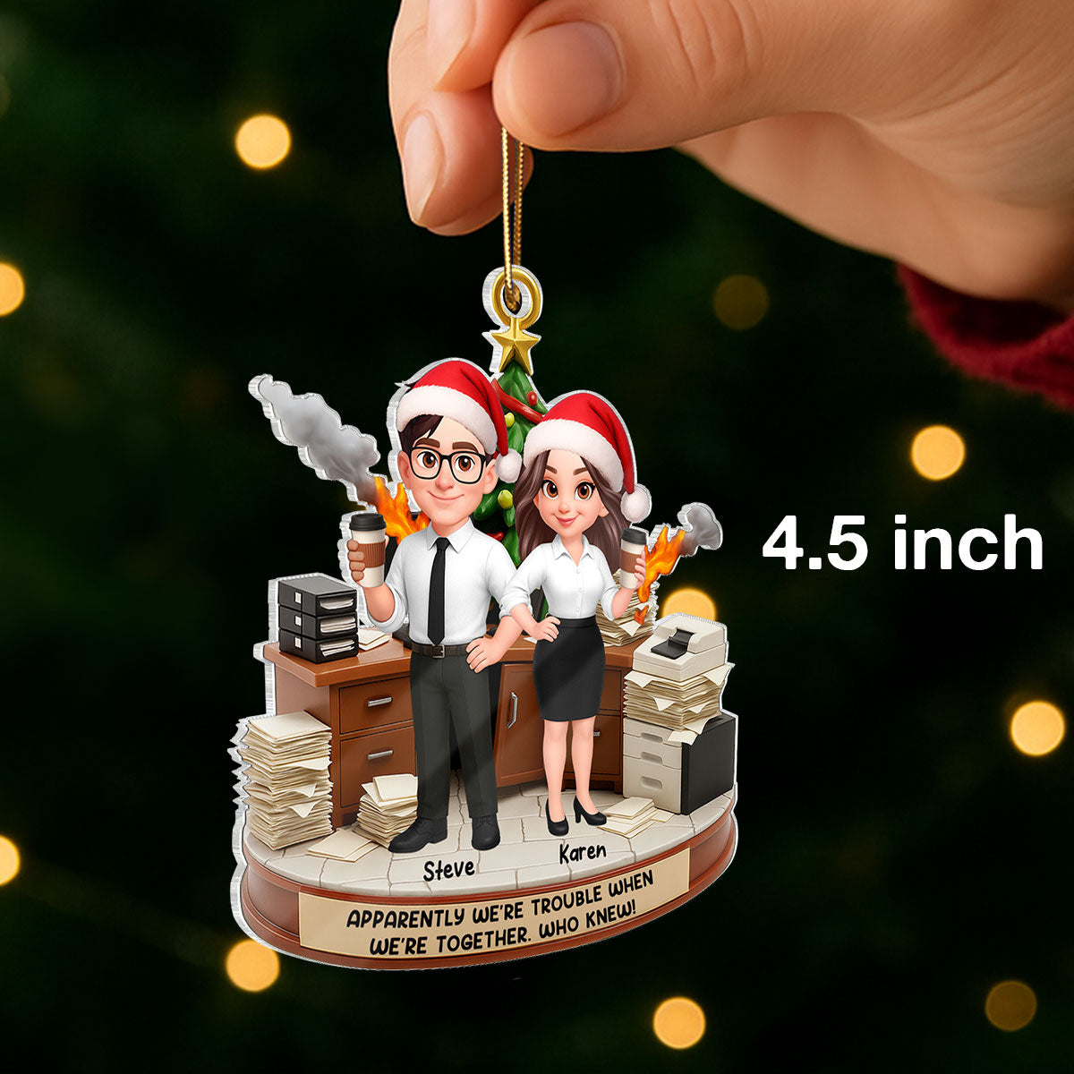 Office Chaos Funny Coworkers Trouble Together - Personalized Acrylic Ornament - Custom Employee Gift Exchange, White Elephant Gift