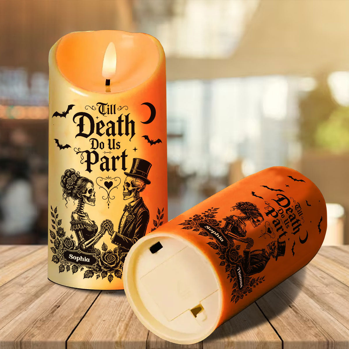 Till Death Do Us Part Skeleton Couple - Personalized LED Candle - Halloween Decor For Couple