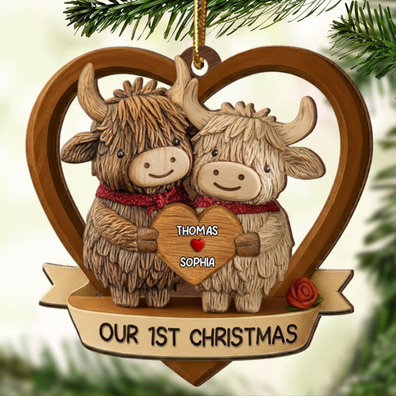 3D Effect Highland Cows Couple - Personalized Wooden Ornament - Gift For Him, Gift For Her